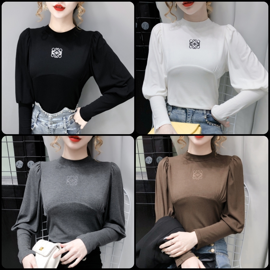 エレガント系 バルーン袖が可愛い長袖tシャツ 無地 ハイネック シンプル 秋冬 お出かけや女子会にも 街角のカフェテラス