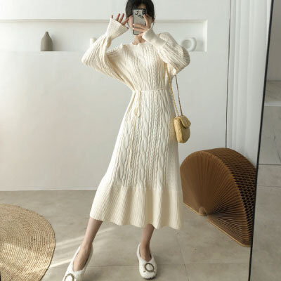 ケーブル編み ロングニットワンピース ロング丈 ワンピース 白 かわいい カジュアル リブニット 秋 冬 春 レディース 無地 ゆったり リラックス フリー きれいめ プチプラレディースファッション通販 Yboueki
