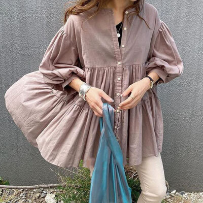 カジュアル ティアード ブラウス シャツ 春トップス 春 夏 秋 長袖 チュニック かわいい 白 緑 茶 ベージュ ナチュラル 前ボタン 無地 フレアー 涼しい レディース ゆったり リラックス フリー プチプラレディースファッション通販 Yboueki
