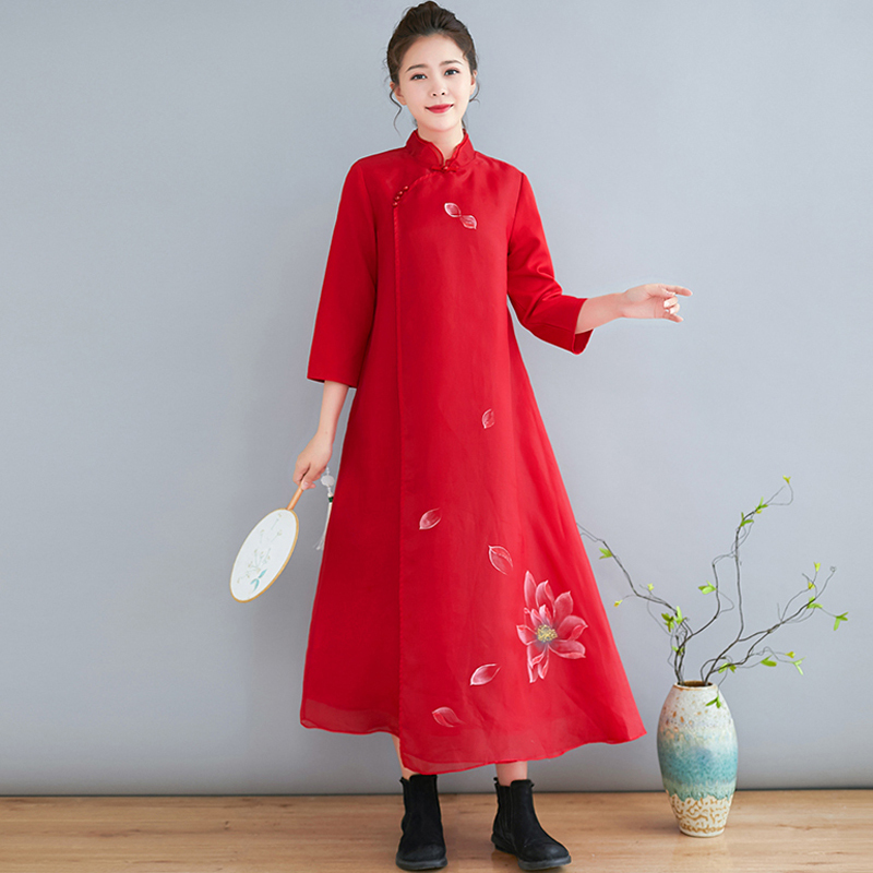 チャイナ風ワンピース 改良型チャイナドレス チャイナ風服 改良唐装 改良漢服 女子会 同窓会 普段着 中華服 スタンドネック 七分袖 ロング丈 厚て S M L Ll レッド 赤い Dresszone