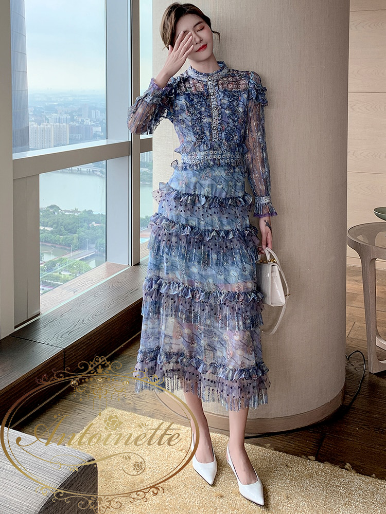 ブルー ドレス 秋 長袖 フリル ワンピース スタイルアップ パーティー Vintage Dress Blue Flower Antoinette