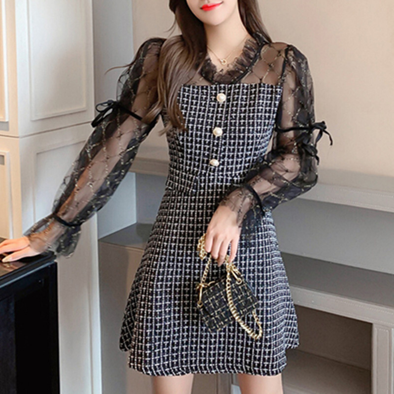 ワンピース 長袖 Vネック 黒 メッシュ カジュアル Aライン スピーカースリーブ ツイード ブラック ベージュ S M L Xl Dresszone