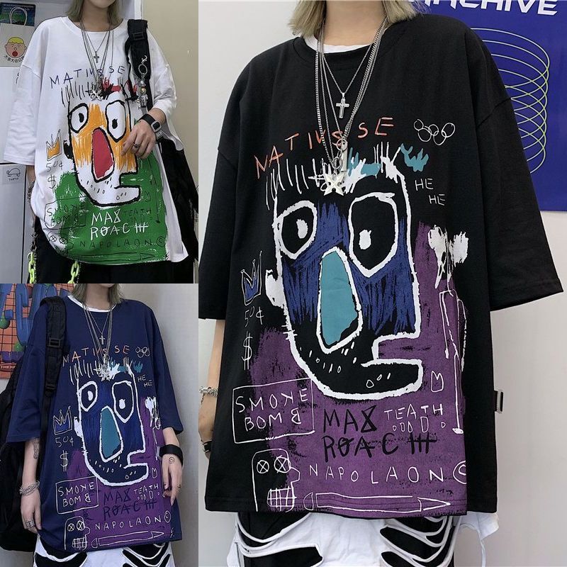 韓国ファッション Tシャツ ユニセックス Tシャツ 半袖 メンズ レディース ラウンドネック 落書き風 グラフィティ プリント オーバーサイズ 大きいサイズ ルーズ ストリート