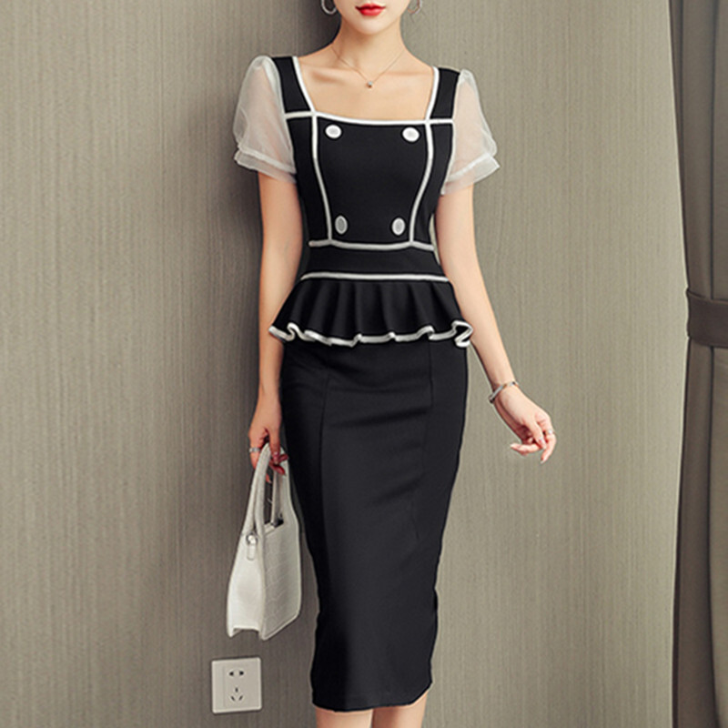 ワンピース 黒 Ol フォーマルワンピース 半袖 配色 パフスリーブ ペプラム スクエアネック ブラック S M L Xl Dresszone