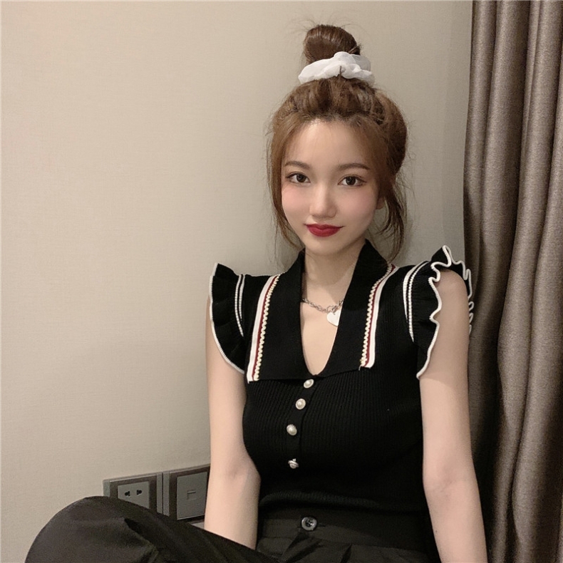ノースリーブニット トップス ニットソー セーター 袖なし ノースリーブ Vネック 襟付き フリル かわいい 大人可愛い きれいめ シンプル カジュアル 大人 上品 おしゃれ お洒落 大人可愛い
