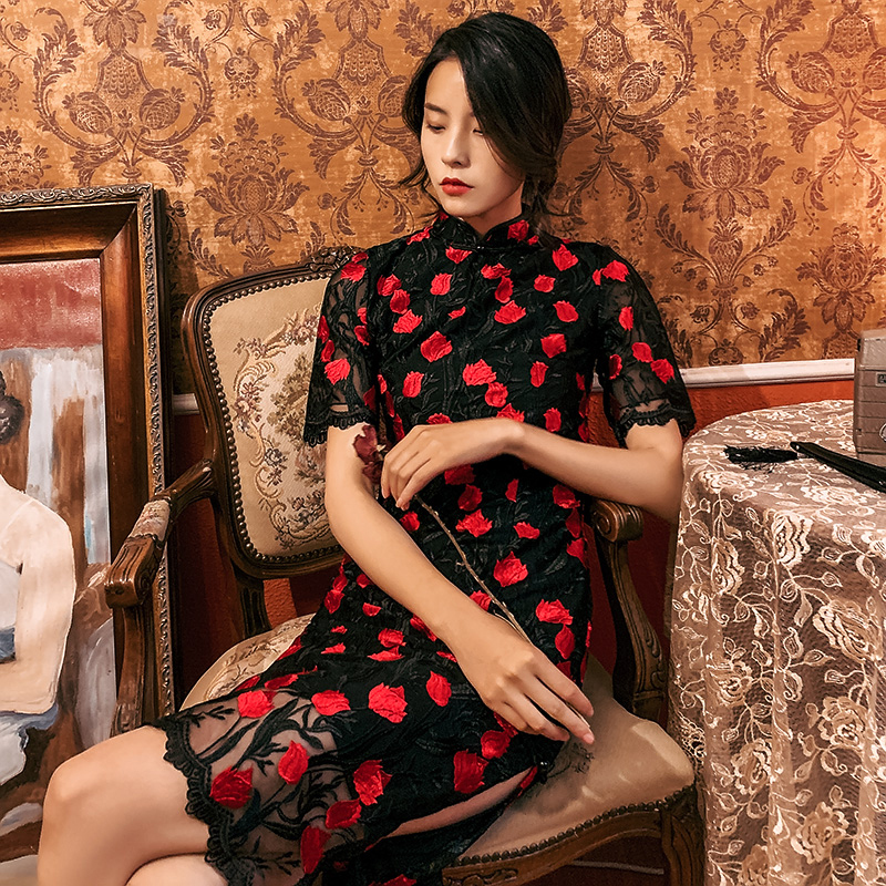 ロング丈チャイナドレス レースチャイナドレス チャイナ風ワンピース ロングドレス 半袖 大きいサイズ S M L Ll 3l 刺繍入りチャイナドレス ブラック 黒い Dresszone
