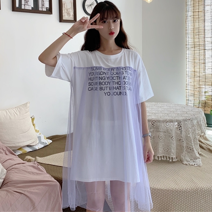 Tシャツワンピース 半袖 シースルー ロゴ文字 ゆったり 韓国ファッション オルチャンファッション 10 代向け 韓国オルチャン ファッションyoung Ol Chan