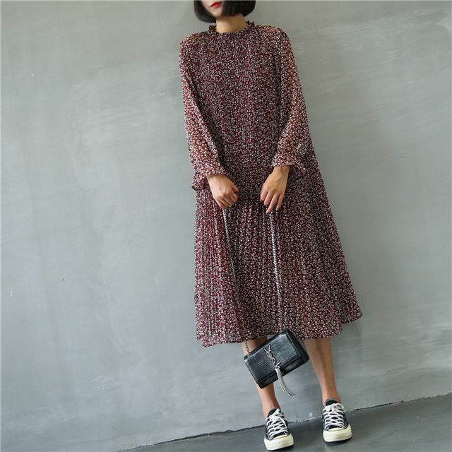 ワンピース 長袖 ミディ丈 シフォン 柄 レトロ ハイウエスト プリーツ 秋 冬 トレンド カジュアル 大人カジュアル エレガンス Op 0152 Y Happy Orurea ハッピーオルレア