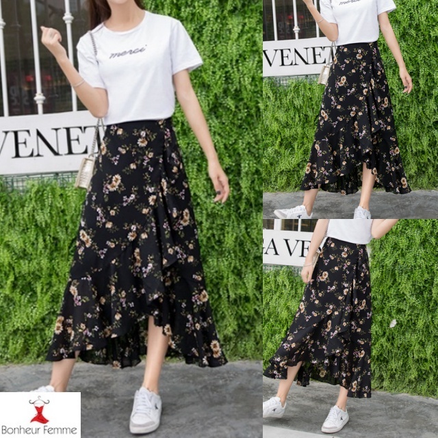 韓国 ファッション レディース スカート 花柄 フリル スカート ロング丈 ラップ風 イレヘム スカート 春スカート ボトムス 大人かわいい フェミニン H 132 Bonheur Femme ボヌール ファム