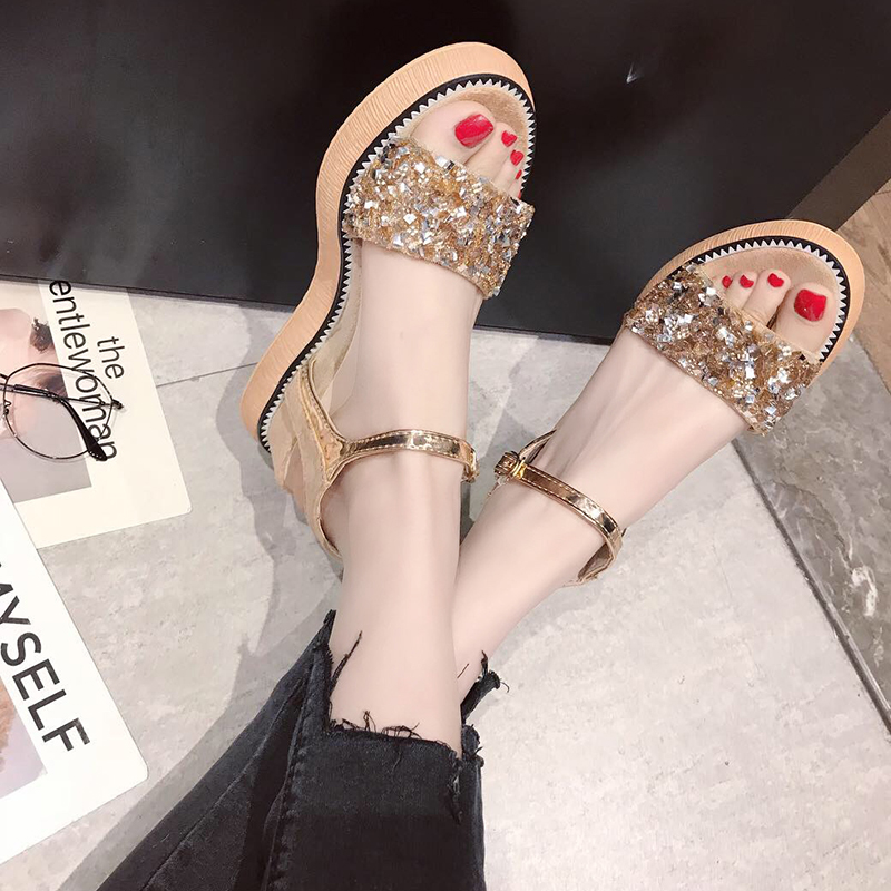 シューズ 春夏ファッション韓国風スパンコールカジュアル丸トゥ厚底