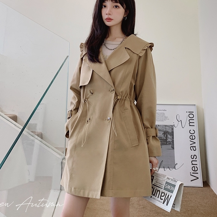 秋 春 カーキ トレンチ風 アウター 通販 ビッグカラー レディース服 レディース チェスターコート フリル コート 個性的 長袖