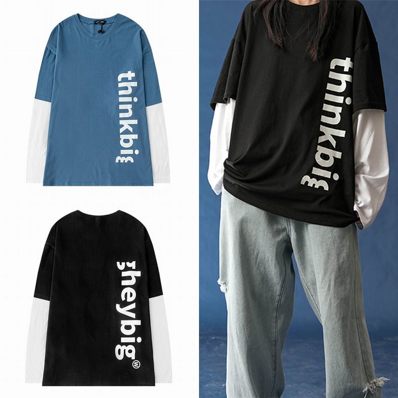 ユニセックス 長袖 Tシャツ 韓国ファッション メンズ レディース 重ね着風 フェイクレイヤード 英字 ラウンドネック オーバーサイズ 大きいサイズ ストリート