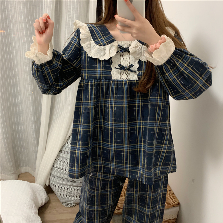 パジャマ ルームウェア かわいい 上下セット 韓国ファッション ガーリー トップス セットアップ チェック リボン 149 Sweetly