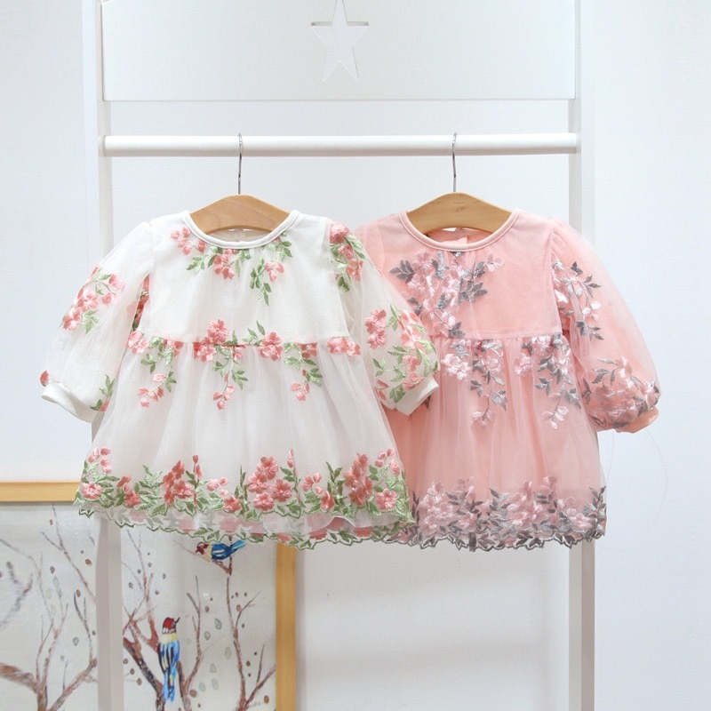 ふわふわシースルーフラワー刺繍ドレスワンピース キッズ ベビー Remilkids