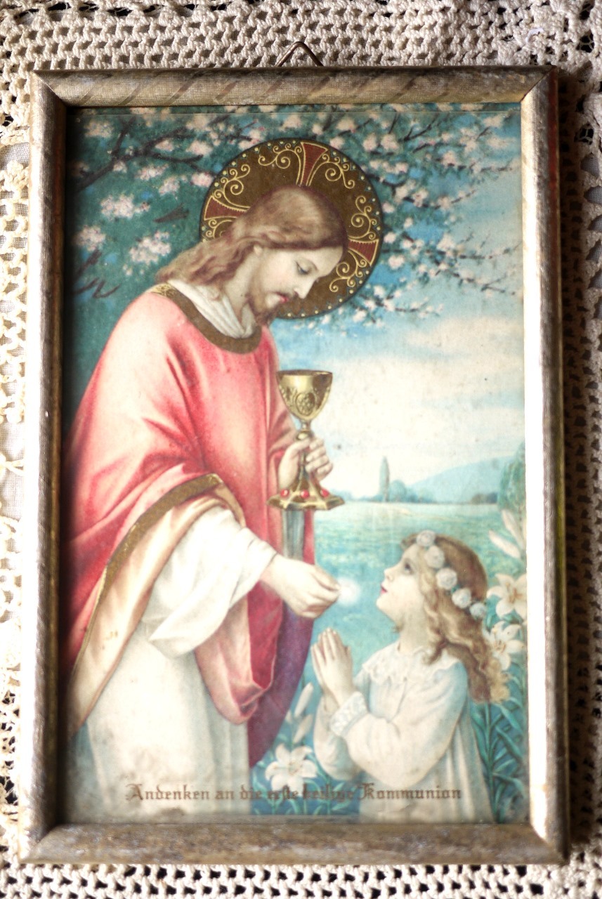 宗教画 イエス様と少女 壁掛け額絵 キリスト教 祝福聖餐記念儀式 初聖体拝領 こりすのパン屋