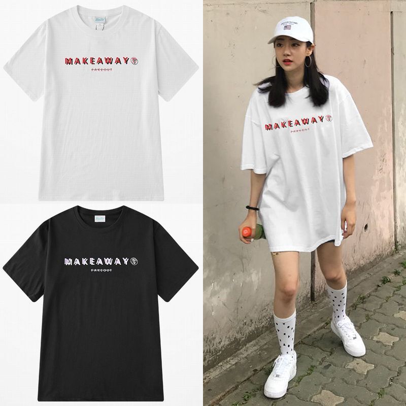 韓国ファッション Tシャツ ユニセックス 半袖 Tシャツ メンズ レディース 英字 MEKE A WAY 立体的 プリント オーバーサイズ 大きいサイズ ルーズ ストリート