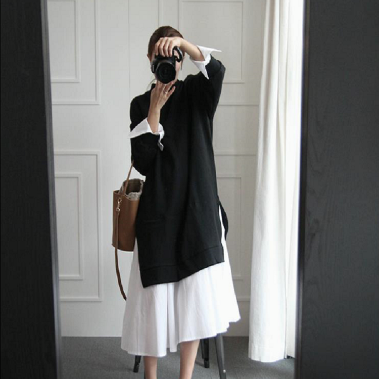 バイカラーワンピース バイカラーワンピ ワンピース ワンピ 通販 通販ワンピース 通販ワンピ 黒 白 長袖 無地 スリット デート 普段着 デイリー 通学 通勤 旅行 カジュアル シンプル 人気 トレンド 秋 冬 定番 おすすめ Op1151 Colorful Closet おしゃれなトレンド