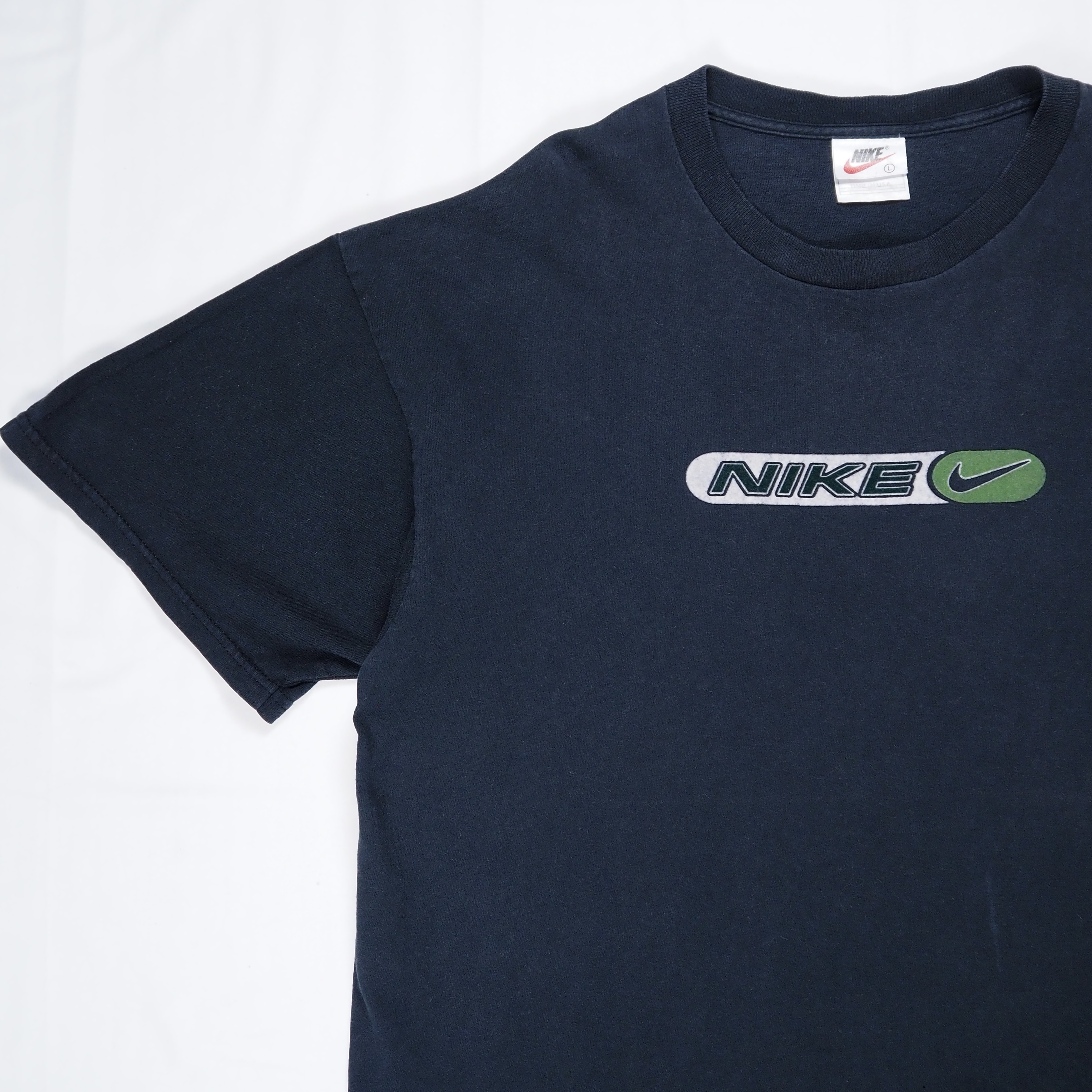 90’s-00’s NIKE フロッキープリントロゴTシャツ ネイビー Lサイズ の画像 2