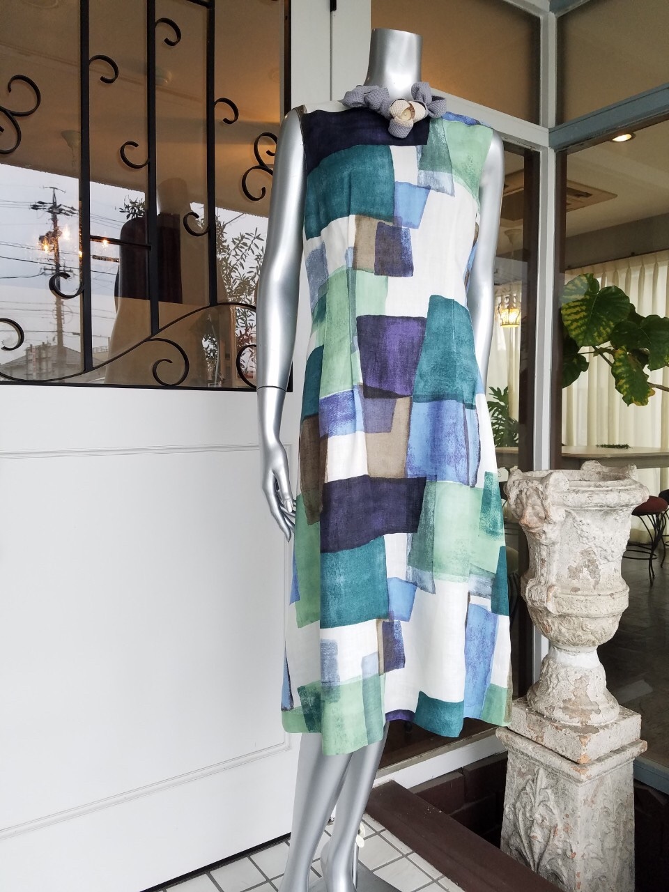 2742 プリンセスライン 麻ワンピース ブルー Jele