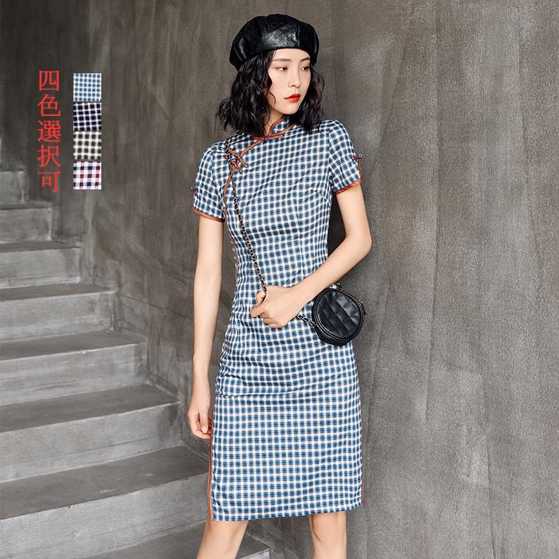 ロングチャイナドレス チェック柄 チャイナ風ワンピース 中華服 二次会 女子会 同窓会 スタンドネック 七分袖 大きいサイズ M L Ll 3l 4l ブルー 青い ブラック 黒い グリーン 緑 レッド 赤い スリット Dresszone