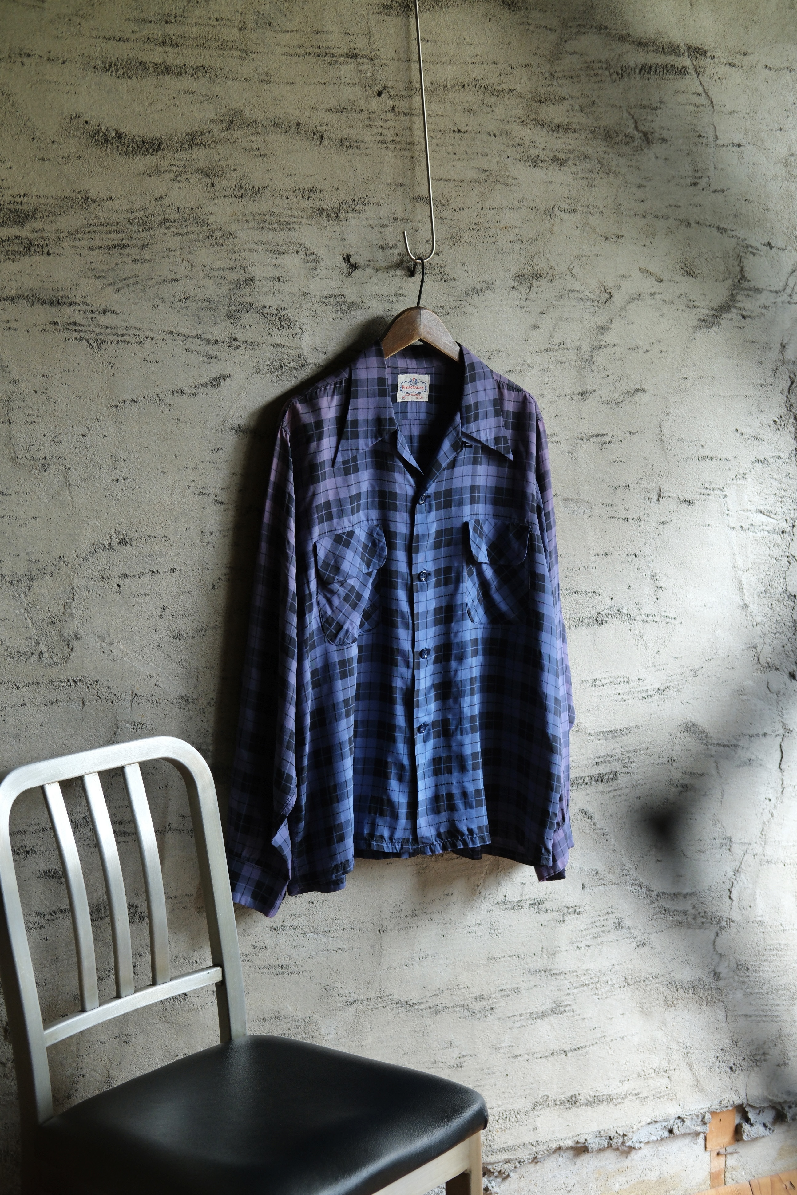 Utah/40-50's "PERSONALITY" silk rayon open collar shirt/ sun fade
