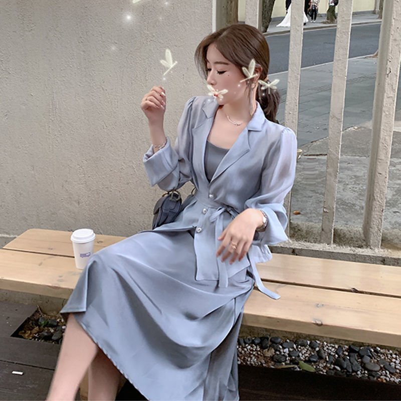 セットアップ アウター ワンピース 気質 Ol 着痩せ 透かし彫り 大人コーデ ブルー ホワイト S M L Dresszone