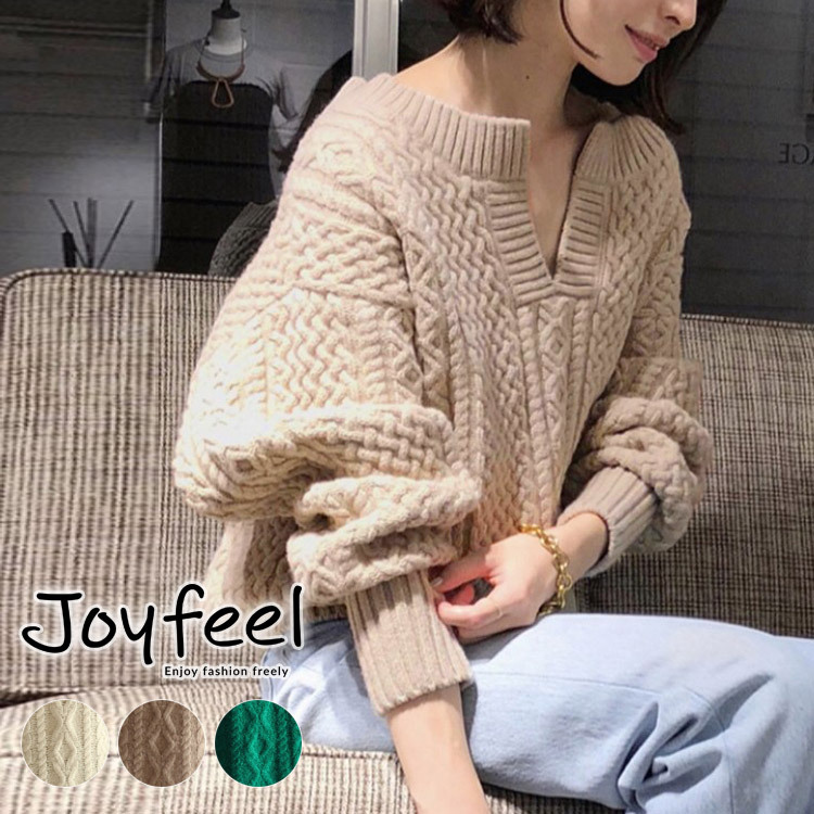 キーネック ざっくりケーブル編みニット レディースファッション通販joyfeel ジョイフィール