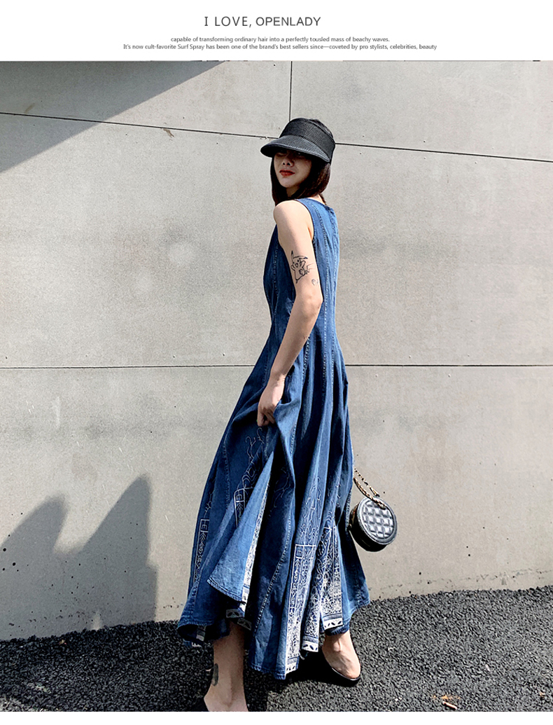 デニムワンピース ロング ワンピース レディース デニム おしゃれ エスニック きれいめ 大きいサイズ Xl 2xl 3xl ラウンドネック ノースリーブ 刺繍 体型カバー 春 夏 秋 大人カジュアル ワンピース コーデ ミモレ丈 フレア ハイウエスト 個性的 アジアン セレブ