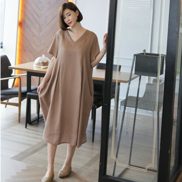 シンプルワンピース 麻 夏 マタニティ 妊婦 Vネック デコルテ 体型カバー Charohai