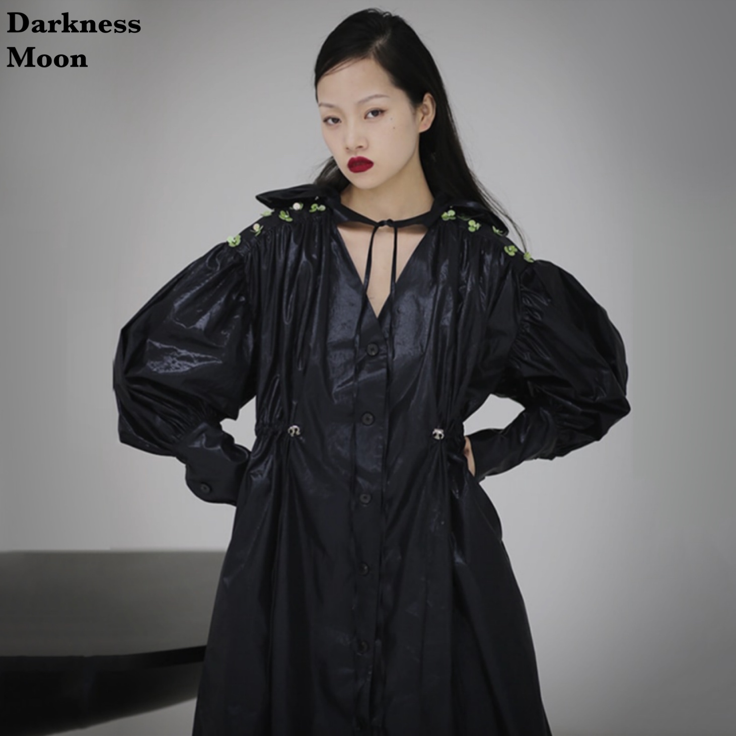 Darknessmoon ランタンスリーブ Design 光沢 ギャザー プリーツ モード Gothic シャツ トレンチコート ワンピース Darkness Moon