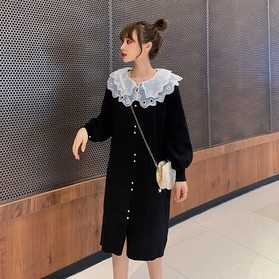 ワンピース 膝丈 レトロ 長袖 秋冬 秋 冬 ニット 襟 アクセント レース シアー 透かし 透け感 ボタン ブラック グリーン 黒 緑 プチプラレディースファッション通販 Yboueki