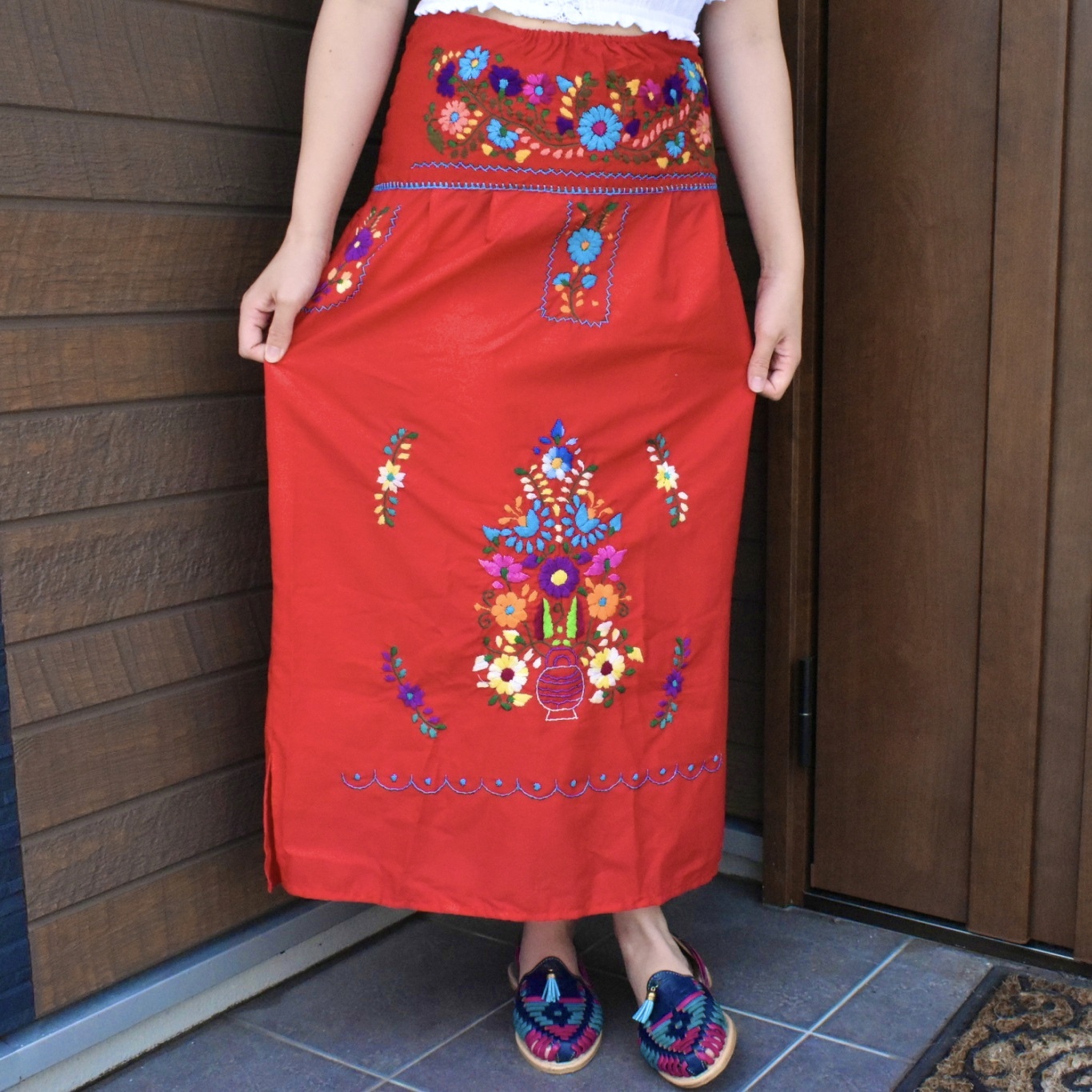 プエブラ刺繍 ロングスカート チューブワンピース レッド Joans Peca プエブラ刺繍 ロングスカート チューブワンピース レッド Joans Peca