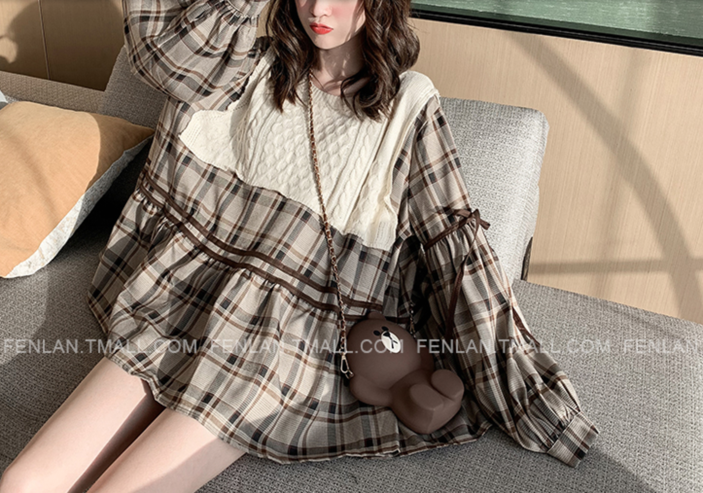 トップス 秋 かわいい ガーリー リボン ニット 韓国ファッション チェック タータンチェック 134 Sweetly