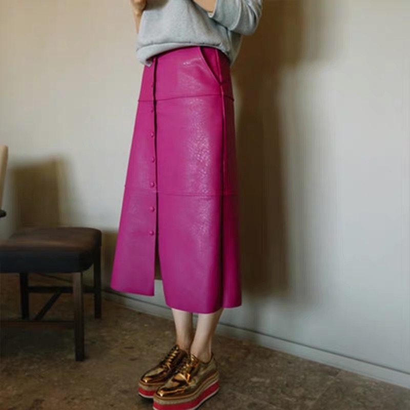 ４サイズ フェイクレザーピンクロングスカート ボトムス 韓国ファッション ss Fanfuni