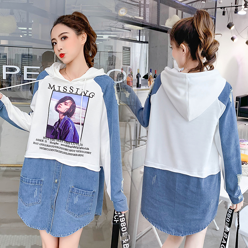 カジュアルデニムミモレ丈プリントパーカーワンピース 韓国ファッション Ol Chan