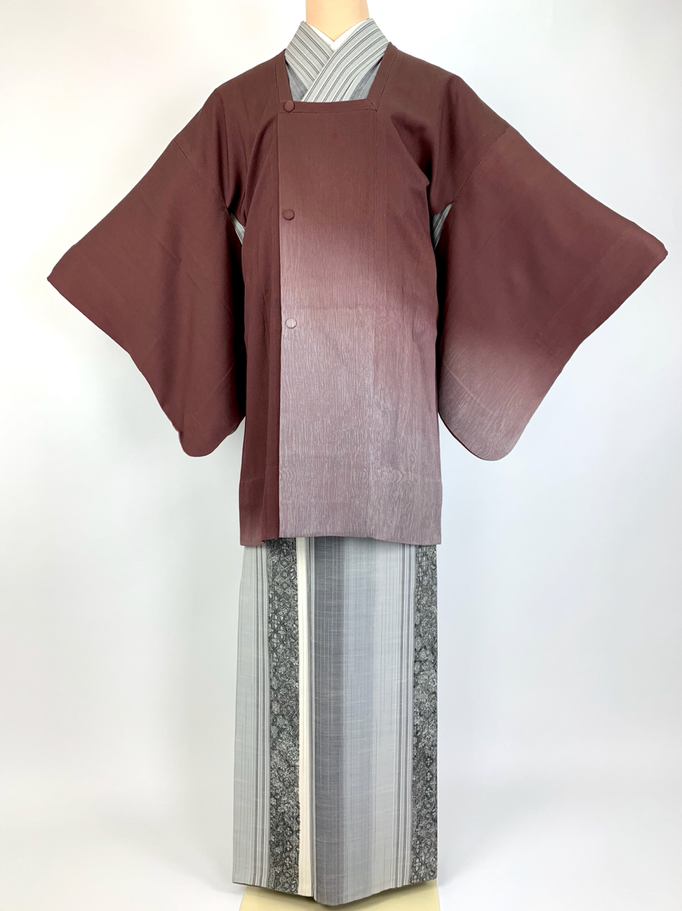 単衣 和装コート 道行コート 正絹 縞 ふくれ織風 茶 ブラウン グレー グラデーション 暈し シンプル 粋 着物 美品 送料無料 着物さと
