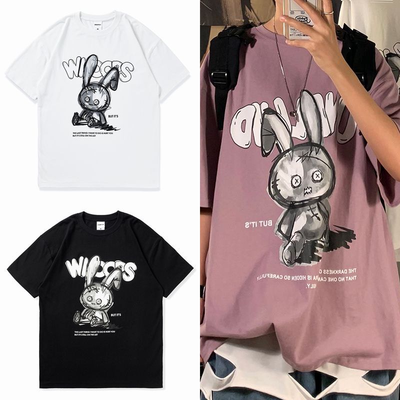 韓国ファッション Tシャツ ユニセックス Tシャツ 半袖 メンズ レディース ラウンドネック 落書き風 うさぎ ラビット プリント オーバーサイズ 大きいサイズ ルーズ ストリート