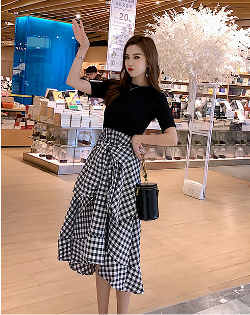 おすすめ 夏物 ワンピース半袖 膝下丈 ドッキング 無地 チェック柄 腰巻き風 デート Ladys Paradise