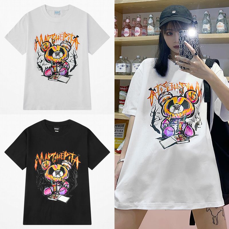 ユニセックス Tシャツ 半袖 メンズ レディース ラウンドネック 漫画風 ピザを食べてる クマちゃん ベアー プリント オーバーサイズ 大きいサイズ ルーズ ストリート