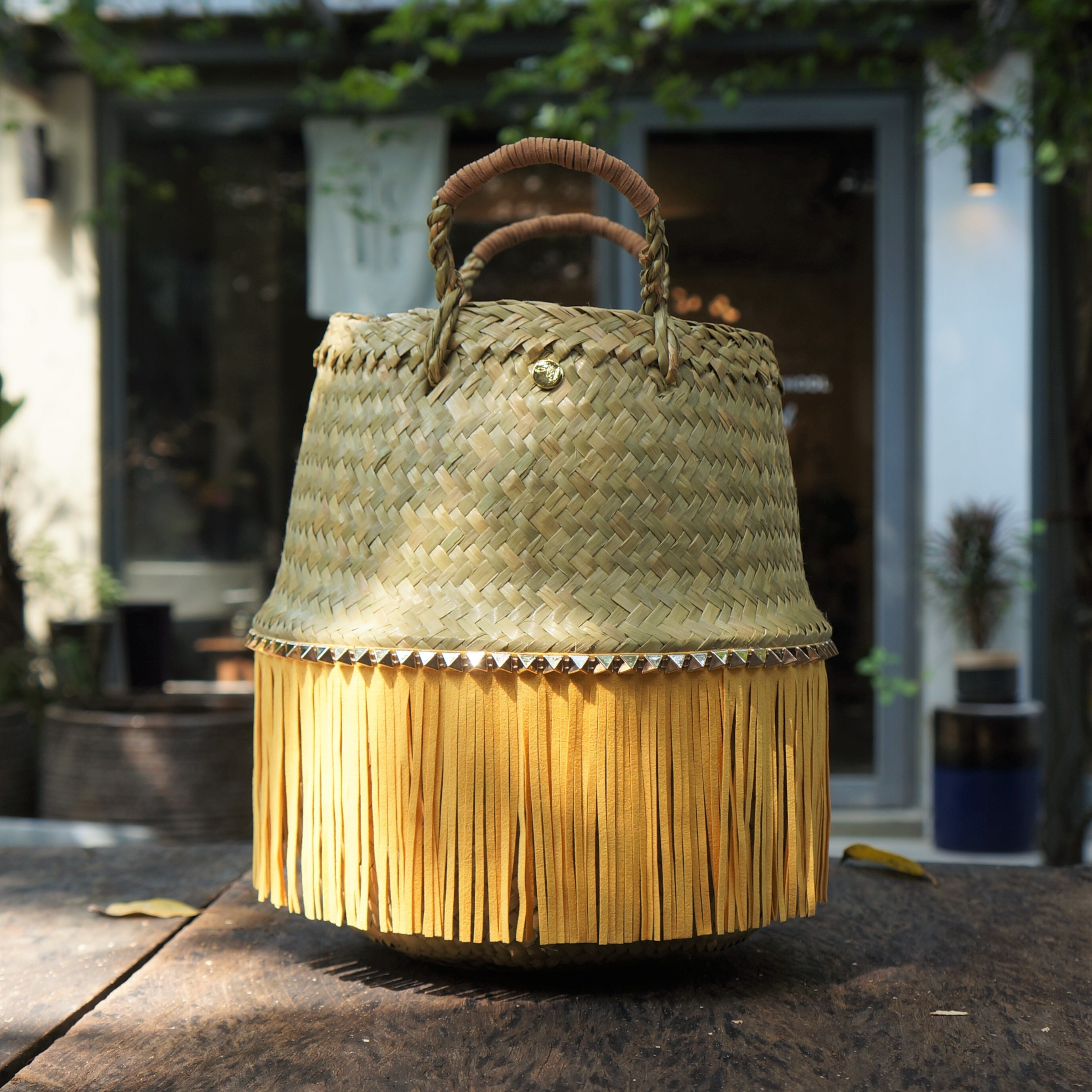 Hansry カゴバッグ エコフリンジ スタッズ Small Yellow Hansry