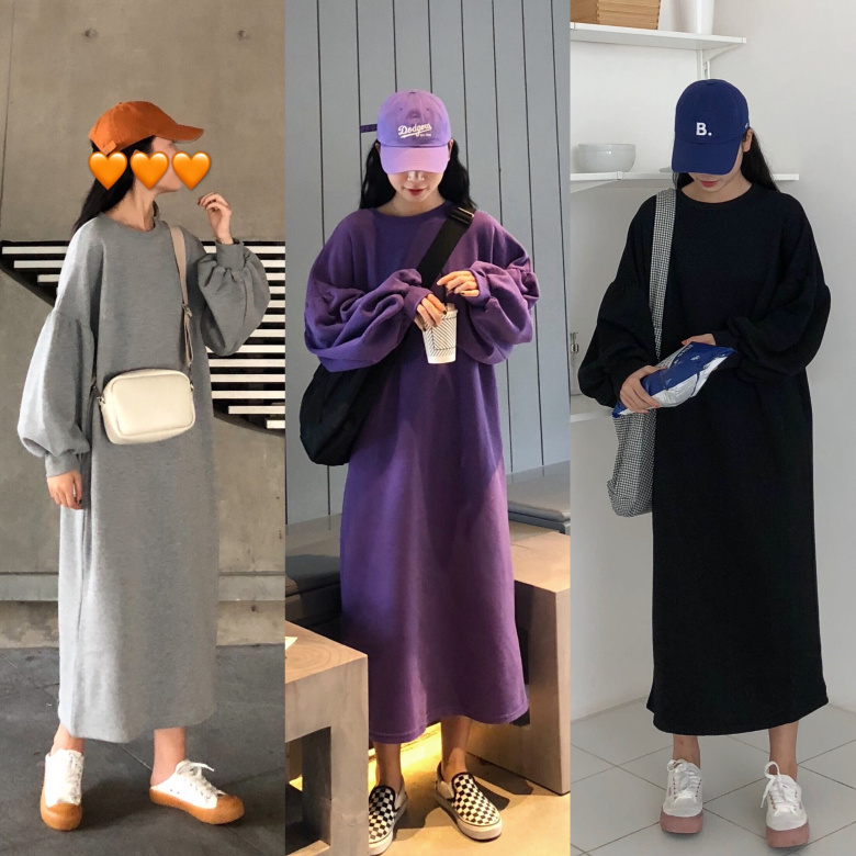 パープルコーデ ロングワンピ スウェットワンピース シンプル 無地 カジュアル レディース 長袖 ゆったり オーバーサイズ 秋冬 体型カバー Ptnym26 Shop Suba
