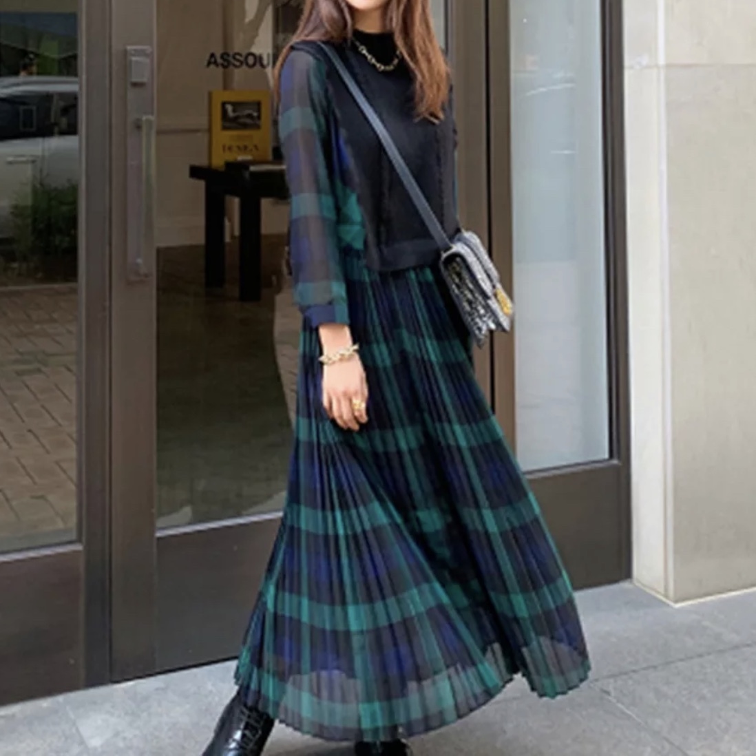 グリーンチェック プリーツワンピース プリーツロングスカート ベスト付き ロングスリーブ ワンピース 9style