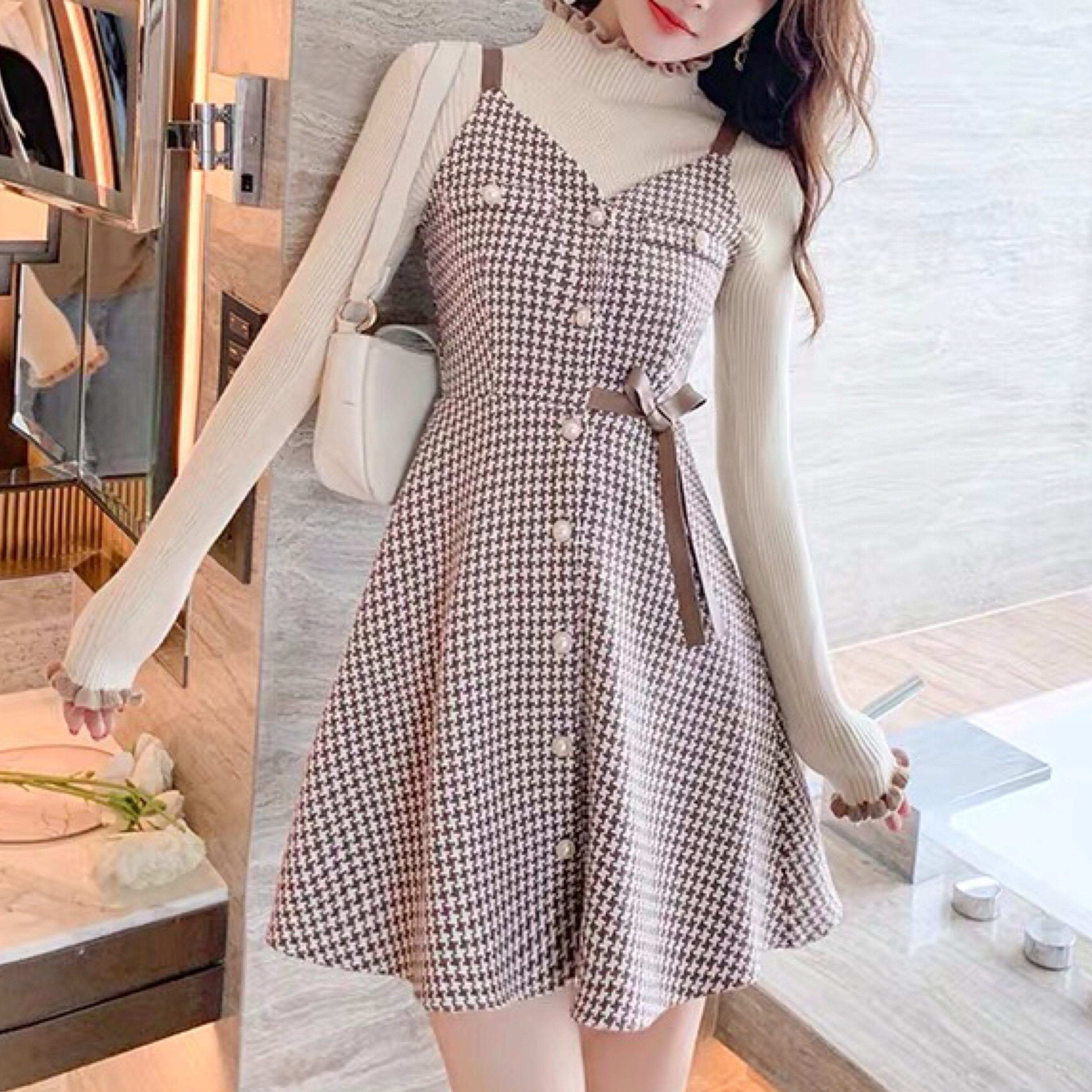 レトロガーリー フリルリブニット パールボタンワンピース A0658 Retro N