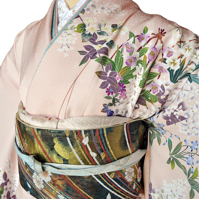 レンタル着物164「レンタル訪問着」薄桃色地に紫 黄 緑等の花が鮮やかな友禅柄【往復送料無料】 - 画像1