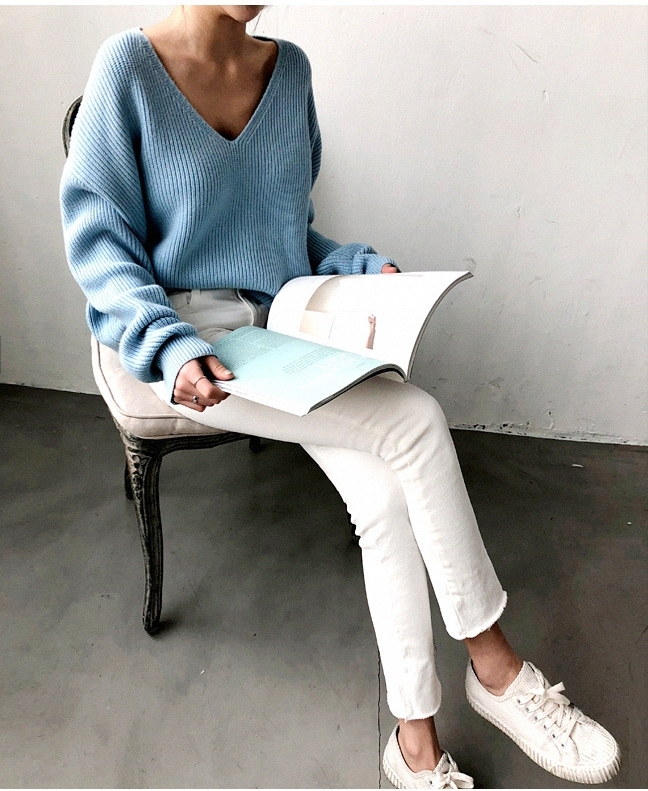 【人気】胸元 セクシー Vネック ニット レディース トップス 長袖 セーター シンプル リブ 秋 ゆったり カジュアル RW00082