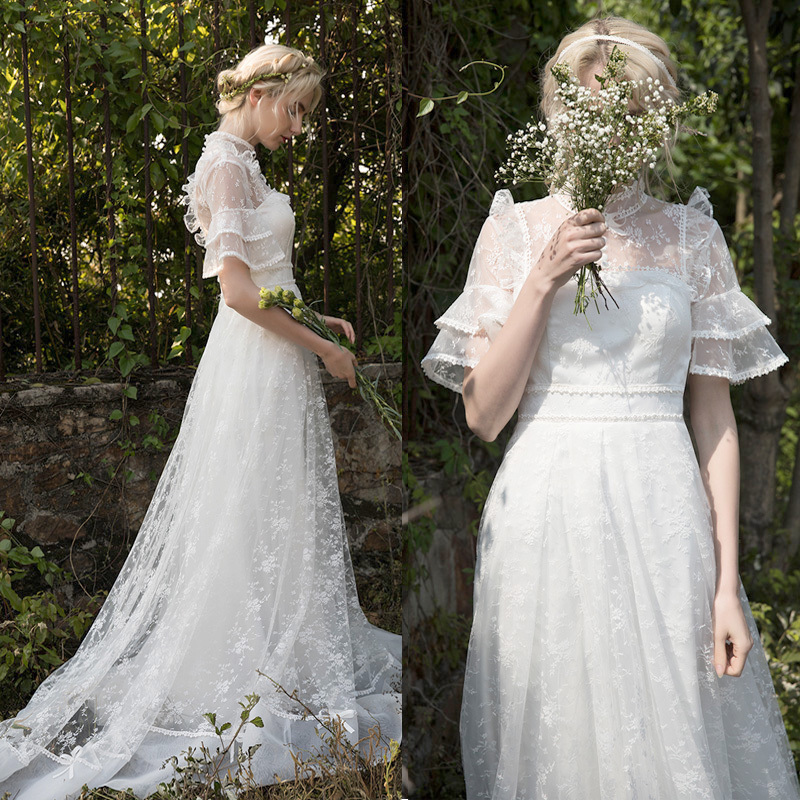 フリル袖 ハイネック クラシカルレース ウエディングドレス W03 1万円台からのウエディングドレス オーダーメイド 二次会 前撮りドレスならdress Production