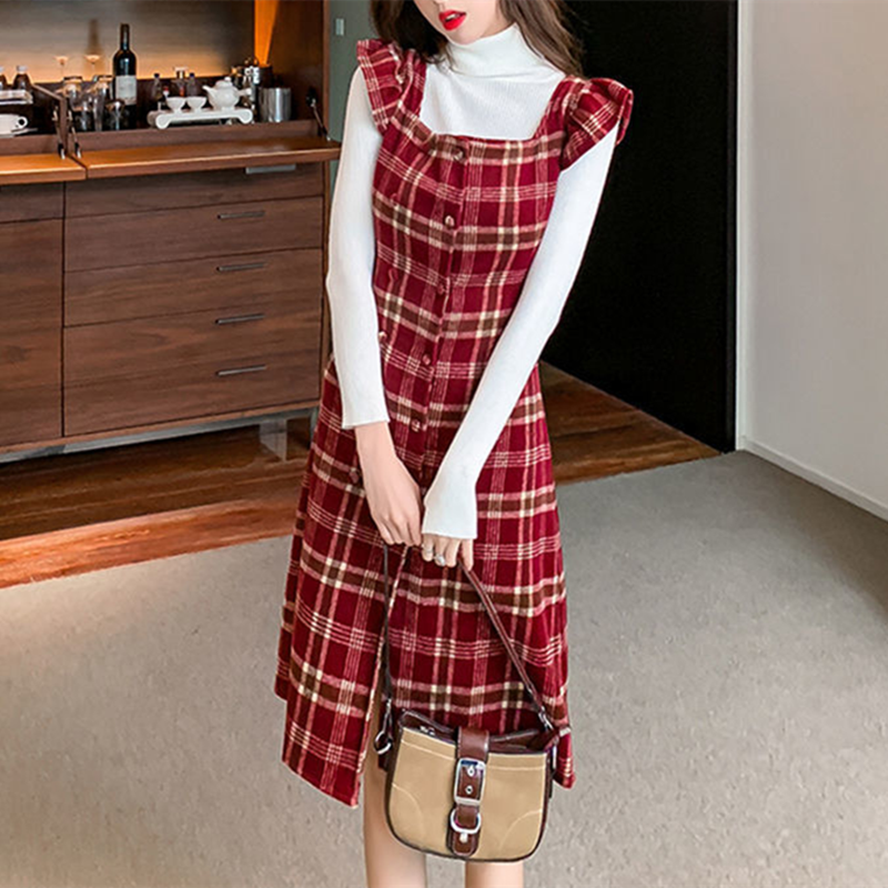 ワンピース チェック柄 赤 スクエアネック ペプラム カジュアル おしゃれな可愛い風のワンピース Aライン レッド S M Dresszone