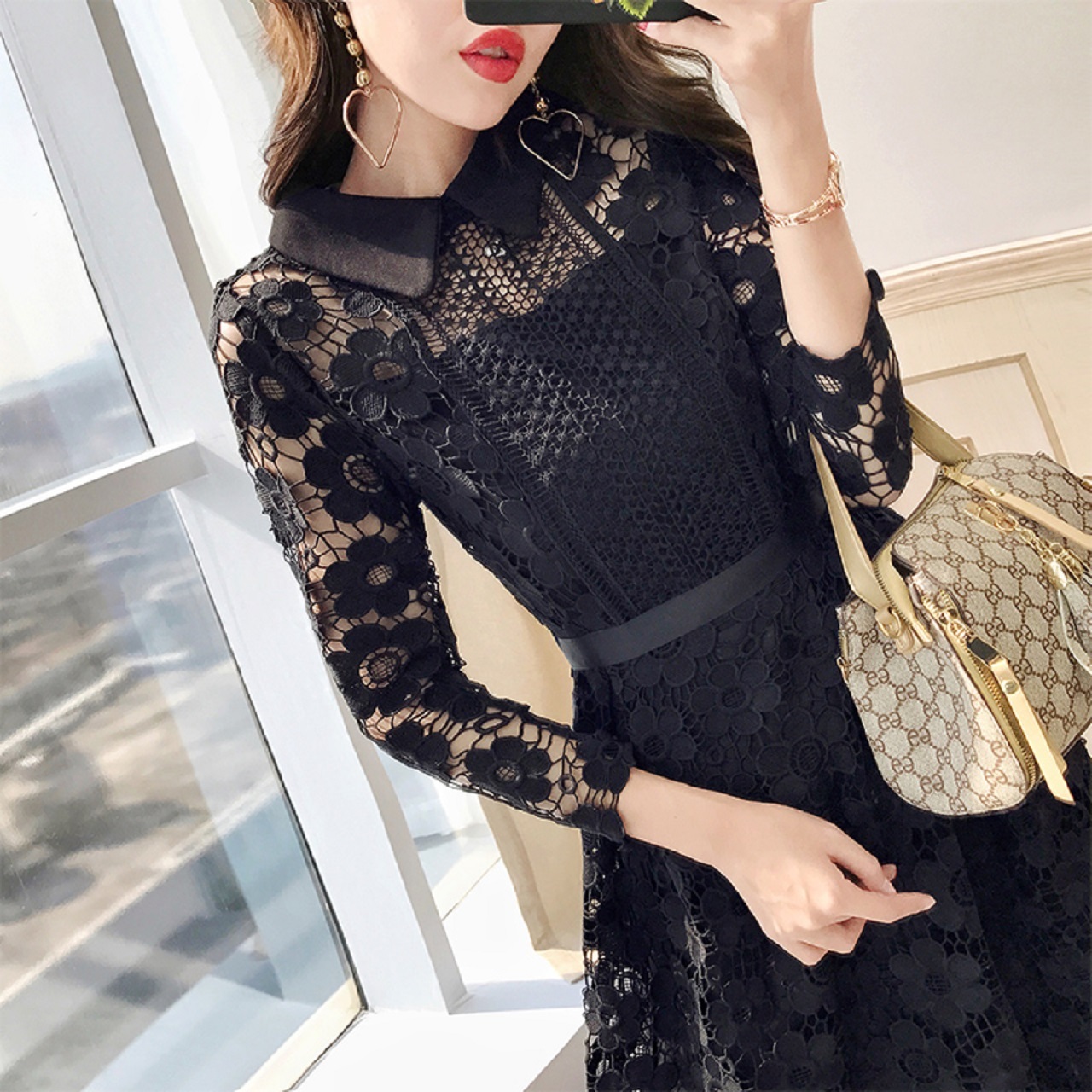 ワンピース ワンピ ドレス レースワンピース 花柄ワンピース 黒ワンピース 黒ワンピ 立て襟 ミディアム丈 バックファスナー デート お呼ばれ 食事会 エレガント 上品 レディース 大人かわいい 新作 人気 Op0066 Colorful Closet おしゃれなトレンド海外レディース