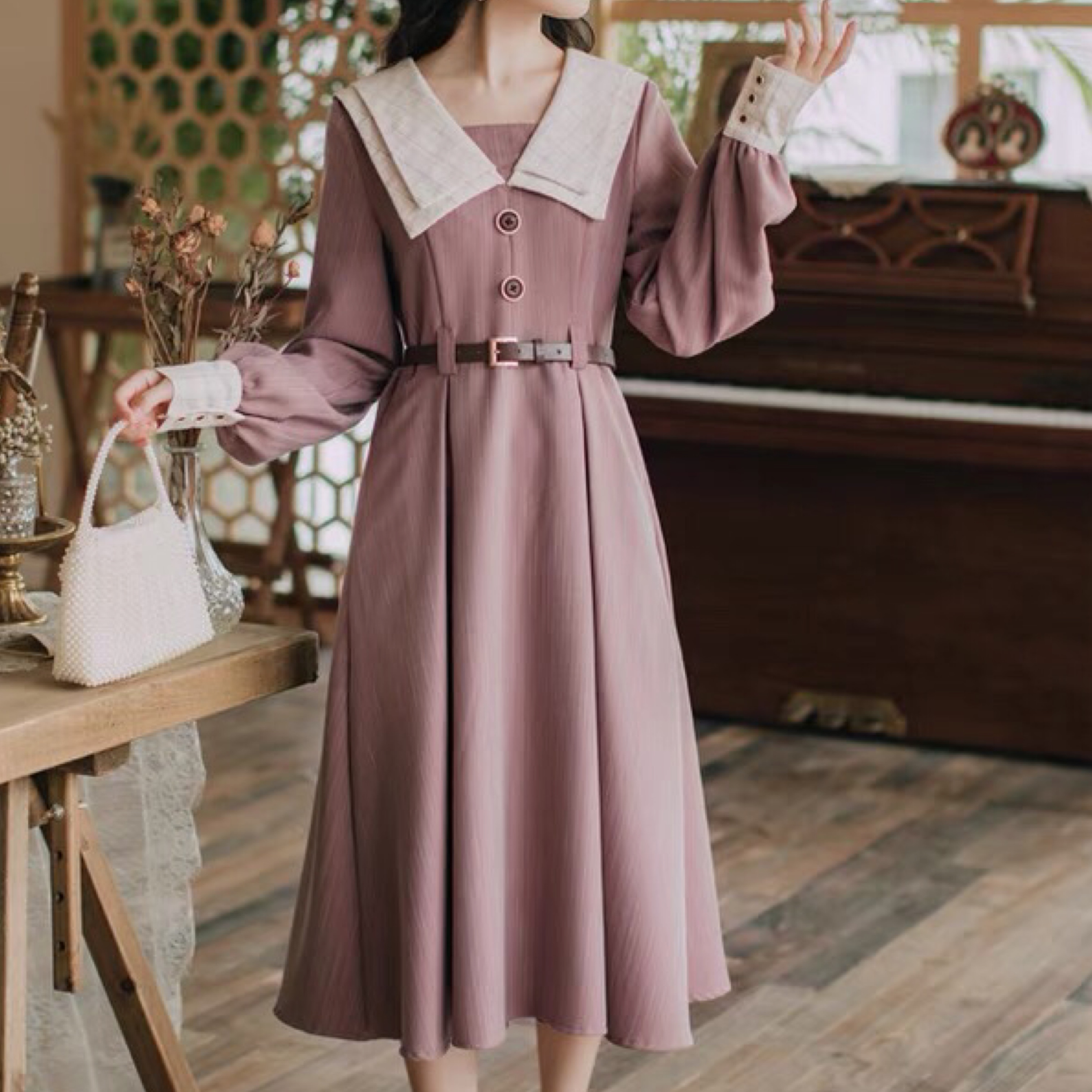 レトロガーリー ダブルカラーウエストベルトワンピース A0857 Retro N