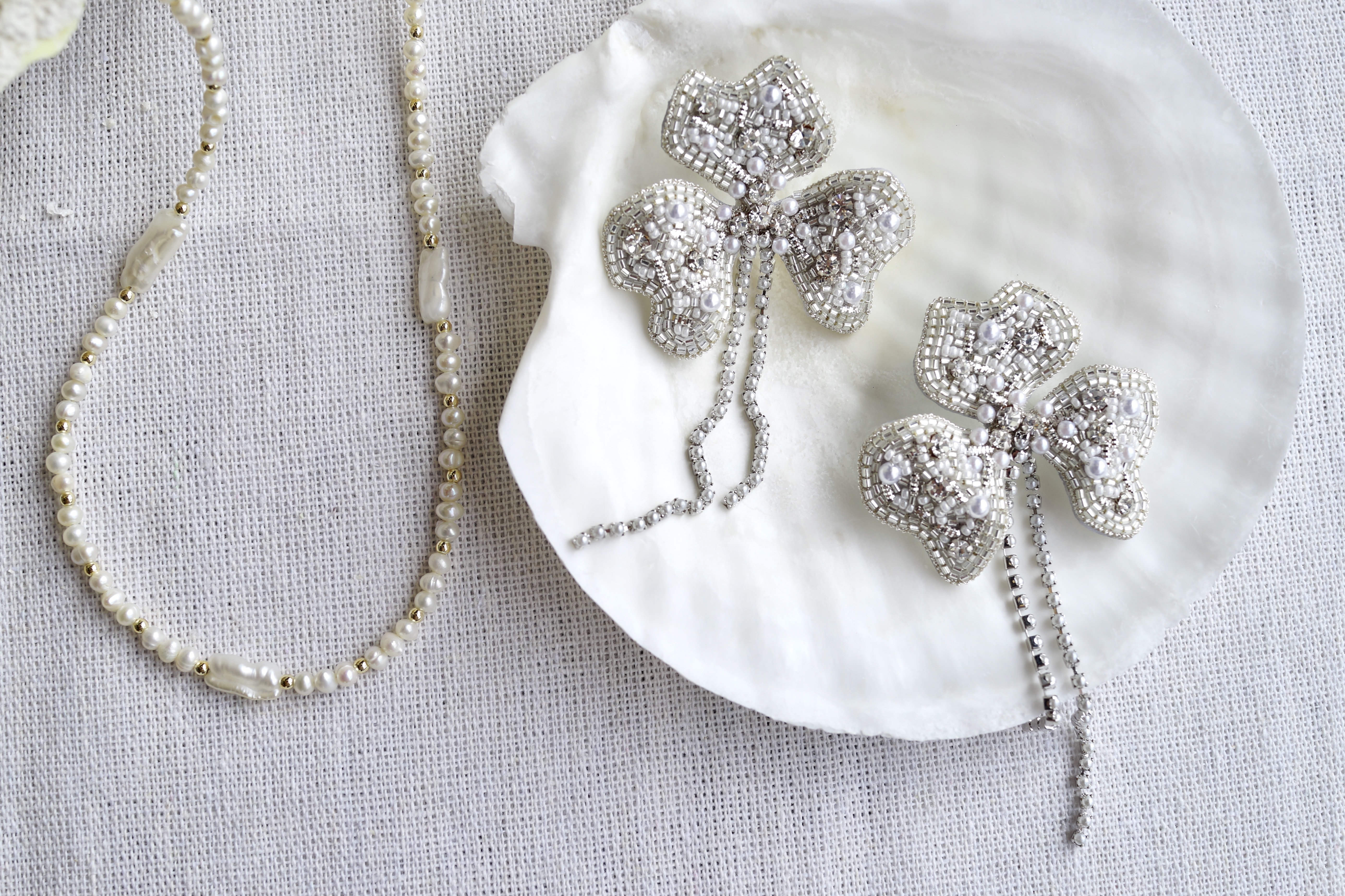 【刺繍ピアス】Flowers pearl chaine ✴︎ silver